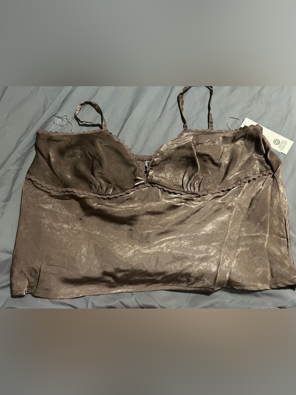 No Boundaries Brown Satin Slip Camisole with Lace Trim